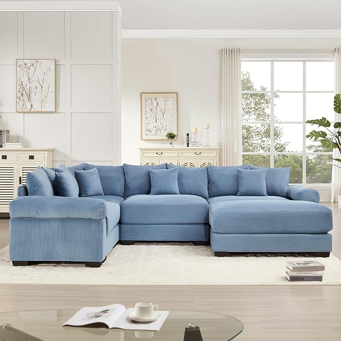 KEIKI 117" U-Shaped Oversized Corduroy Modular Cloud Sectional Sofa with 1 Ottoman, High-Density Foam Cushion, Extra-Thick Armrest, 4-Seater Fluffy Corner Couch with 14 Pillow, for Living Room, Blue