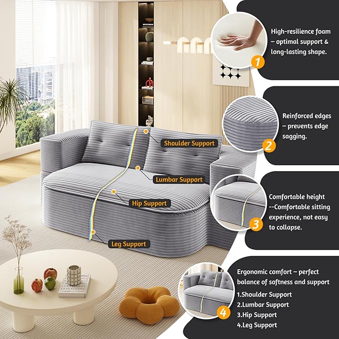 79" Foldable Floor Couch, 2-Seat Convertible Sleeper Sofa with Blanket and 2 Soft Pillows, Corduroy Fabric, for Living Room, Bedroom, Apartment, No Assembly Required, Light Grey