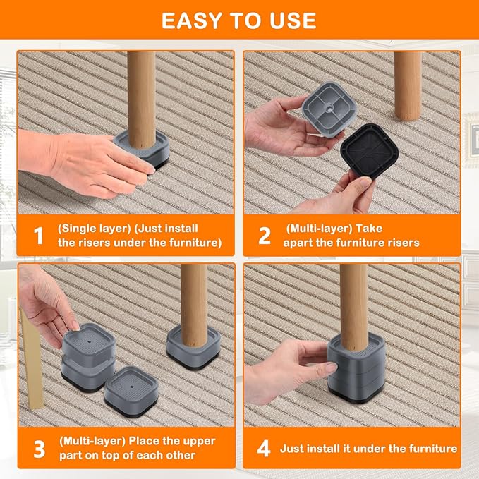 shouwuhho 32 Pack Furniture Risers Adjustable Bed Risers Heavy Duty Lifts Height 1", Square Stackable Bed Risers 1, 2 or 3 Inch for Desk Leg Table Couch Sofa Chair Bed Frame Legs Dorm, Gray