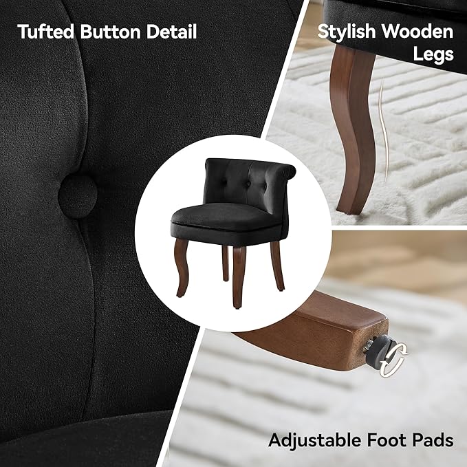 WUTUTUEE Velvet Vanity Chair with Solid Wood Legs, Tufted Upholstered Vanity Stool with Back, Mid Century Small Makeup Accent Chair for Bedroom, Living Room, Black