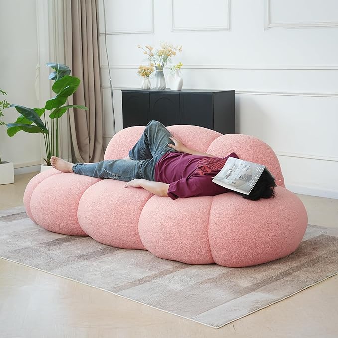 WJShome 90" Boucle Sofa, Modern Curved Upholstered Cloud Couch, Deep Seat LoveSeat 3 Seater Sofa, Cozy Modern Boneless Sherpa Fleece Couches for Living Room, Bedroom, Apartment (Pink)