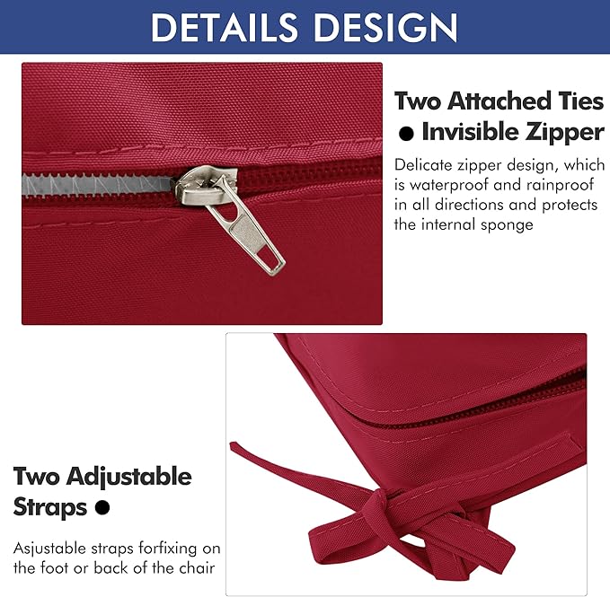 Outdoor Chair Cushions 19 x 19 Inch Waterproof Patio Chair Cushions with Tie 5 Year Color Fastness Thick Outdoor Seat Cushion for Garden Lawn Patio Furniture Burgundy Red Set of 2