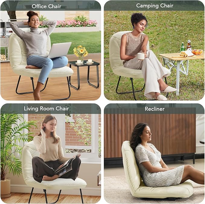 Furniliving 3 in 1 Folding Chair Foldable Floor Chair for Reading, Lounging & Gaming, Portable Camping Chair with Metal Frame Comfy Accent Chair Reading Chair for Indoor, Living Room, PU (Beige)