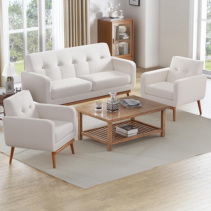 HUIMO Fabric Accent Chair, Mid Century Modern Arm Chair Button Tufted Living Room Chairs Easy to Install, Upholstered Comfy Sofa Chair for Bedroom Study Office Reading Corner (White)