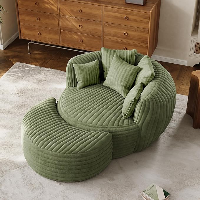 50" W Oversized Round Chaise Lounge Chair with Ottoman Indoor Boneless Plush Fluffy Corduroy Circle Couch Soft Comfy Cozy Cloud Reading Chair for Living Room, Playroom, Bedroom - Green