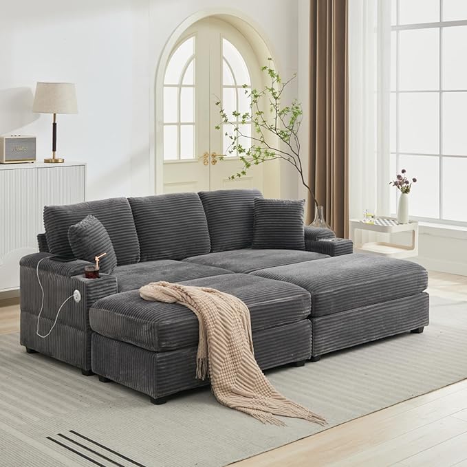 KEIKI 4 Seat Combination Sofa Set, Chaise Lounge Sofa with Armrest Storage, Cupholders, USB, Deep Seat Sleeper Couch Reading Chairs for Living Room, Gray
