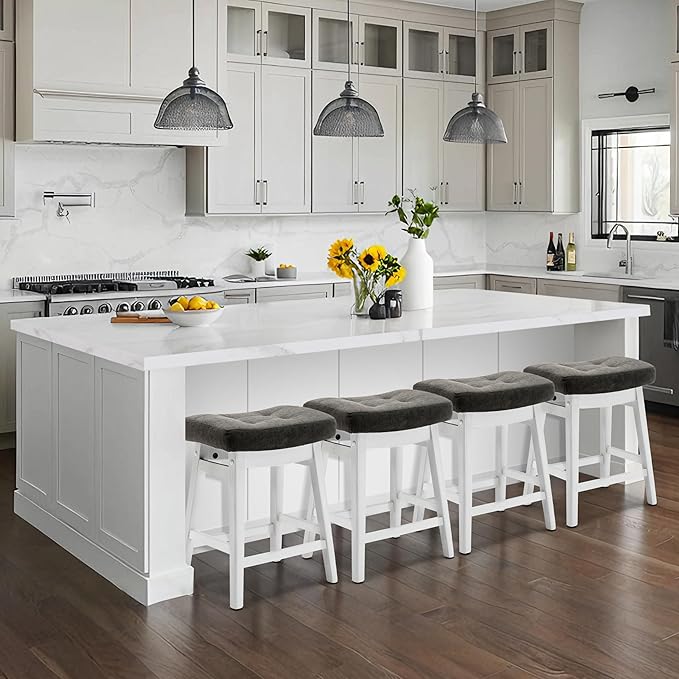 RNKSFX Counter Height Bar Stools Set of 2 for Kitchen Counter Farmhouse Modern Barstools with Faux Leather Upholstered Backless Seat and Solid Wood Legs 24 inch Bar Chairs, Grey + White