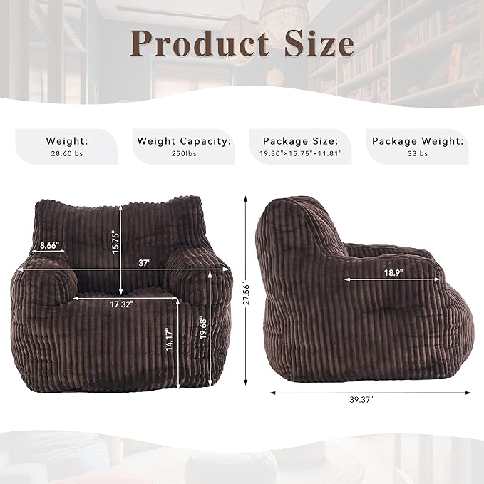 GDFStudio 37" Bean Bag Chair Oversize Bean Bag Lazy Floor Sofa with Back Support Comfy Corduroy Memory Foam Chair with Armrest for Living Room Bedroom, Brown