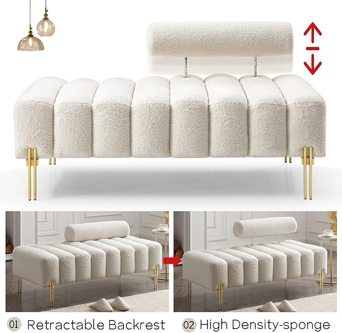 NIOIIKIT 53.2" Modern Loveseat Sofa Couch, Upholstered Accent Sofa with Golden Legs and Adjustable Backrest, Small Teddy Fleece Couches for Bedroom, Living Room, Compact Small Space (Beige)