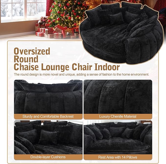 82'' Oversized Upholstered Sofa Bed, Round Chaise Lounge Chair Indoor, Modern Chenille Boneless Couch, No Assembly Required, Plush Sleeper Chair with 14 Pillows for Living Room, Black