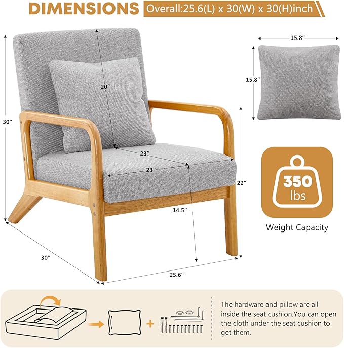 ELUCHANG Mid-Century Modern Accent Chair with Lumbar Pillow,Upholstered Armchair,Linen Fabric Comfy Reading Chair, Lounge Side Chair for Living Room Bedroom Apartment,Easy Assembly(Grey,2pcs)