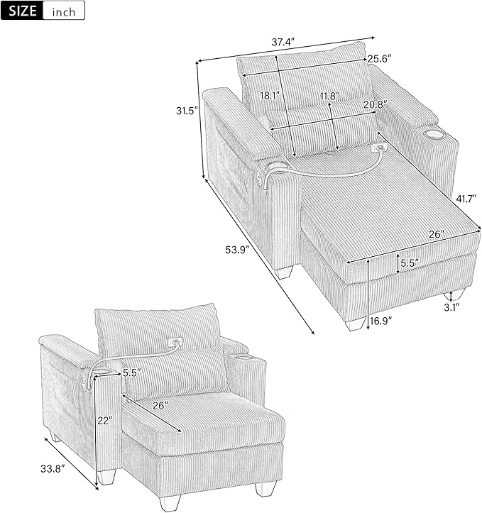 Merax Modern Upholstered Indoor Chaise Lounge with Pillows, Charge Station & Cup Holders, Single Sofa Couch with Armrest and Soild Legs, Easy Assemble Gray