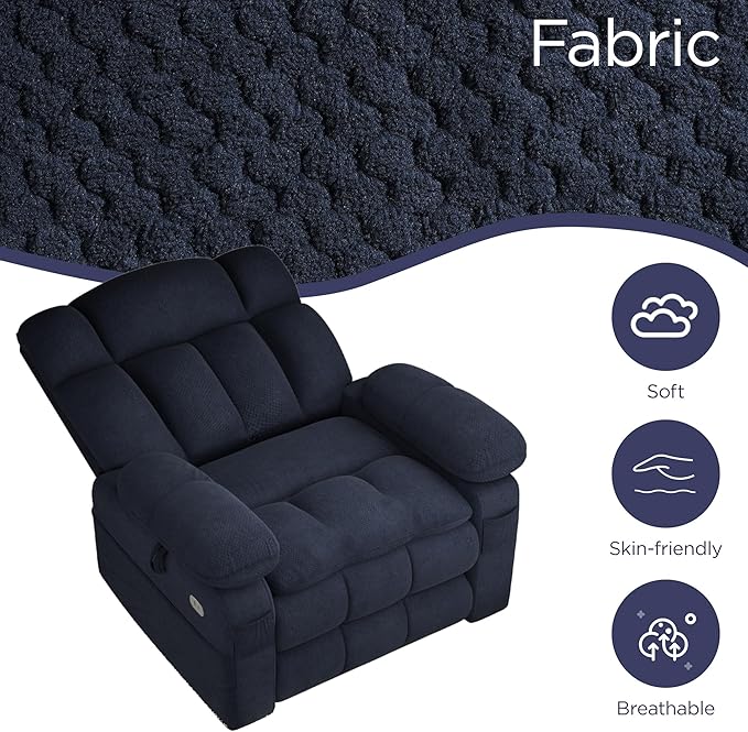 Dual Motor Power Lift Recliner Chair for Elderly with Adjustable Headrest,Extra Wide Recliner Chair with Massage,Lay Flat Recliner with Extended Footrest,Cup holder,Storebox,USB&Type-C Ports,Navy Blue