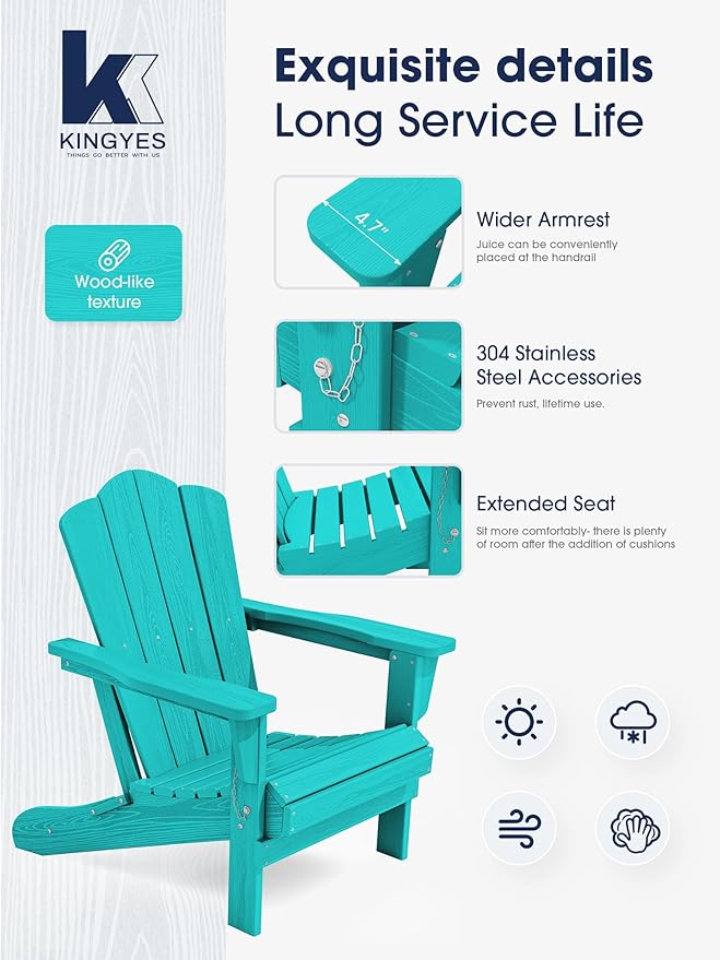 KINGYES Folding Adirondack Chair Set of 6, HDPE All-Weather Folding Adirondack Chair, Aruba