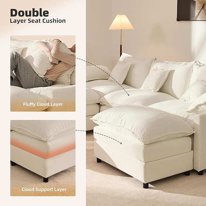 GOSUHI 108" U Shaped Couch, Modular Sectional Sofa, 3-Seater Comfy Cloud Couch with Movable Ottoman, Deep Seat Couches for Living Room, Chenille, Ivory