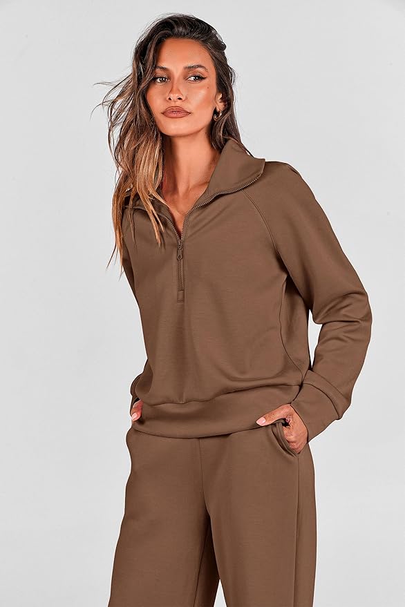 PRETTYGARDEN Women's 2 Piece Outfits Casual Lapel Half Zip Sweatshirts and Wide Leg Pants Tracksuit Sets