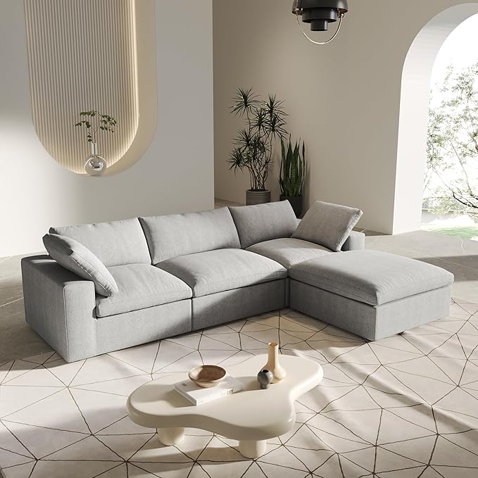 L-Shaped Cloud Sectional Couch, Light Grey Modular Sectional Sofa, Modern Comfy Cloud Sofa with Storage Ottoman, Covers Removable, Convertible Sleeper Couch for Living Room Apartment (Linen Fabric)