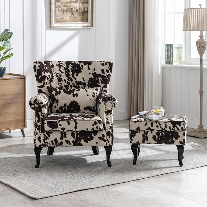 LZAREAL Accent Reading Arm Chairs with Ottoman for Living Room Bedroom, Midcentury Modern Comfy Corner Sofa Chair, Wingback Waiting Room Club Chair with Button Tufted Back &Lumbar Pillow, Fabric Cow
