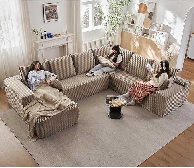 Sectional Cloud Couch with L-Shape Chaise, Upholstered Corduroy Couches Stupendous U Shaped Sofas, Modern Modular Comfy Sofa with Deep Seat for Living Room Bedroom, No Assembly Required, Camel