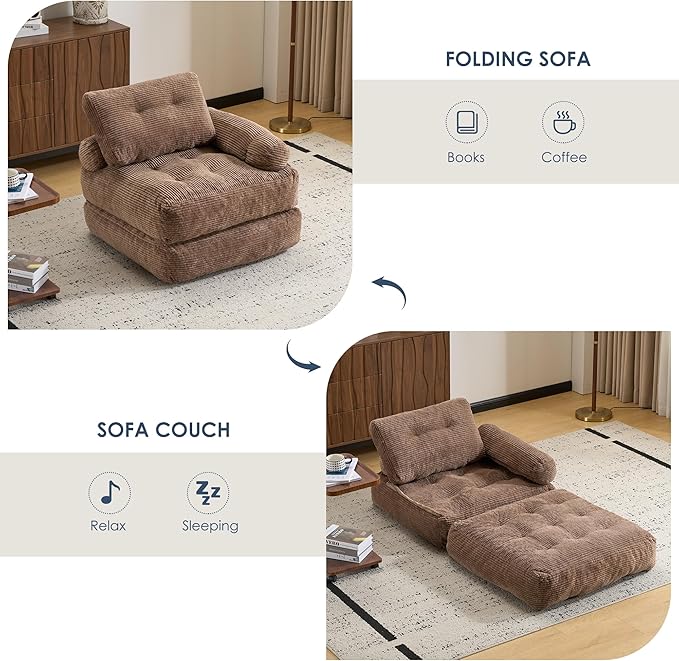 Folding Sofa Bed with Armrest,Convertible Sleeper Chair for Adults, Folding Sofa Bed Foam Filling Couch with Pillow，Sleeper Chairs Single Size Floor Mattress,Brown
