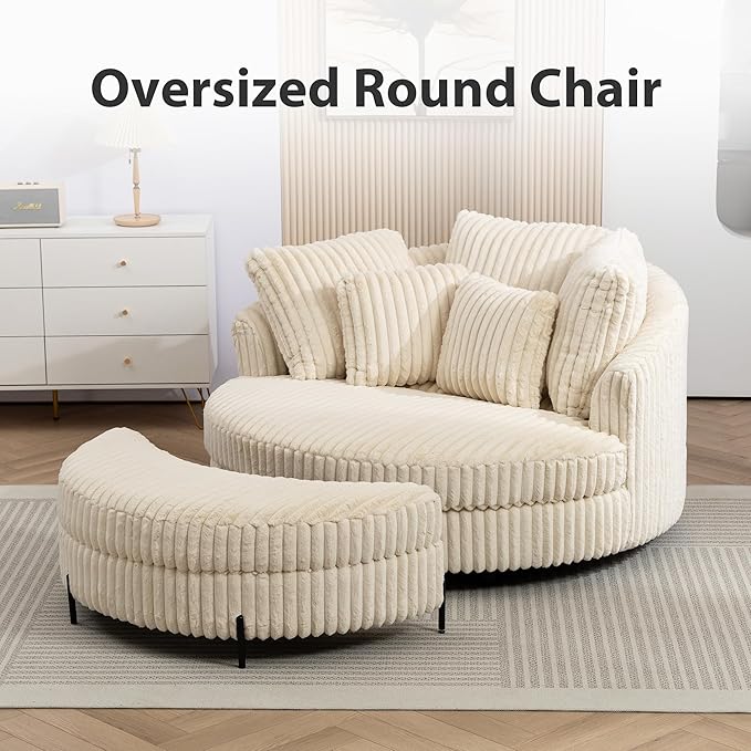 Chifee & Vingol 59.8" W Oversized Accent Round Chair Large Barrel Chair with Ottoman & Movable Wheels & 5 Pillows, Faux Fur Fabric - Beige