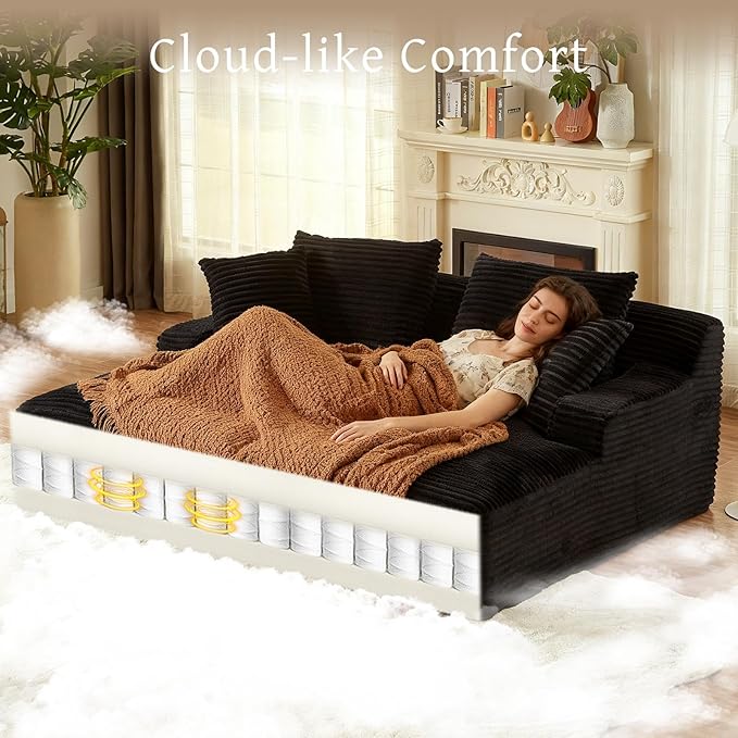 VEPXXP 80" Double Chaise Lounge Chair Indoor, Oversized Boneless Couch Comfy Upholstered Sleeper Sofa Bed with 4 Pillows, Corduroy Cloud Loveseat Chair for Living Room No Assembly Required, Black