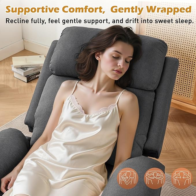 Recliner Chair, Living Room Chairs for Adults, Padded Deep Seat Reading Chair with Side Pockets, Small Recliners for Small Spaces, Lounge Chair for Living Room, Bedroom, and RV (Linen)