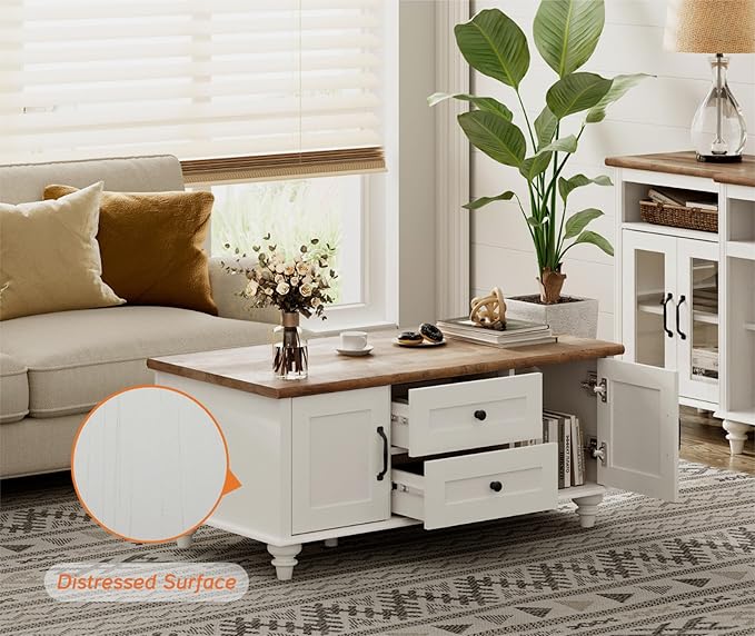 WAMPAT White Coffee Table with Drawers & Storage Cabinet, Modern Rectangle Center Table for Living Room, Rustic Wooden Cocktail Table Tea Table for Home, Office