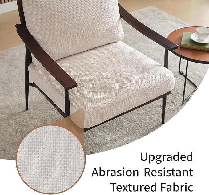 Furrnook Modern Accent Chair, Mid Century Modern Accent Chairs, Linen Fabric Arm Chair with Wood Armrests, Upholstered Leisure Chair for Living Room, Bedroom, Reception Room, White