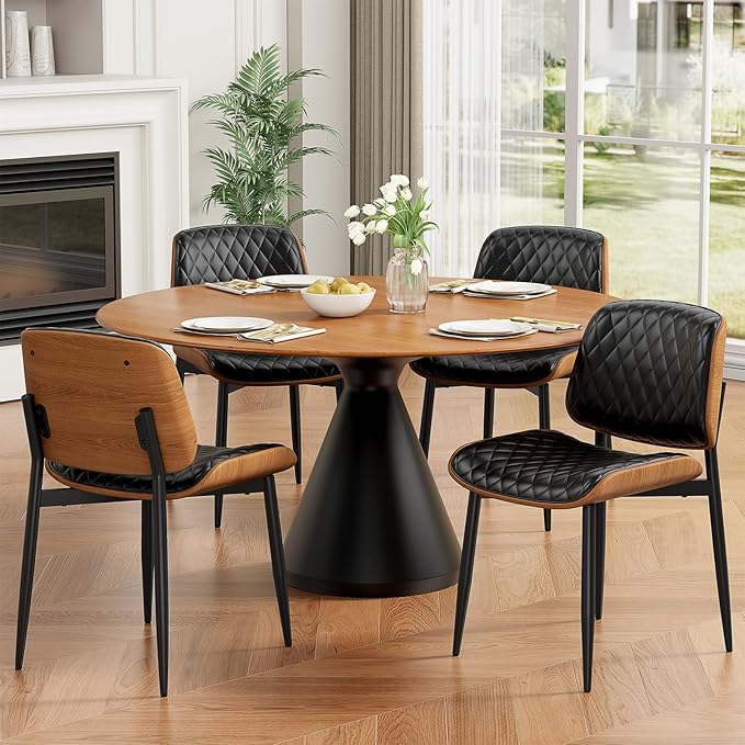 Dining Chairs Set of 6, Mid-Century Modern Upholstered PU Leather Chairs with Walnut Back and Metal Legs Adjustable Feet for Kitchen Dining Room, Black Diamond Plaid
