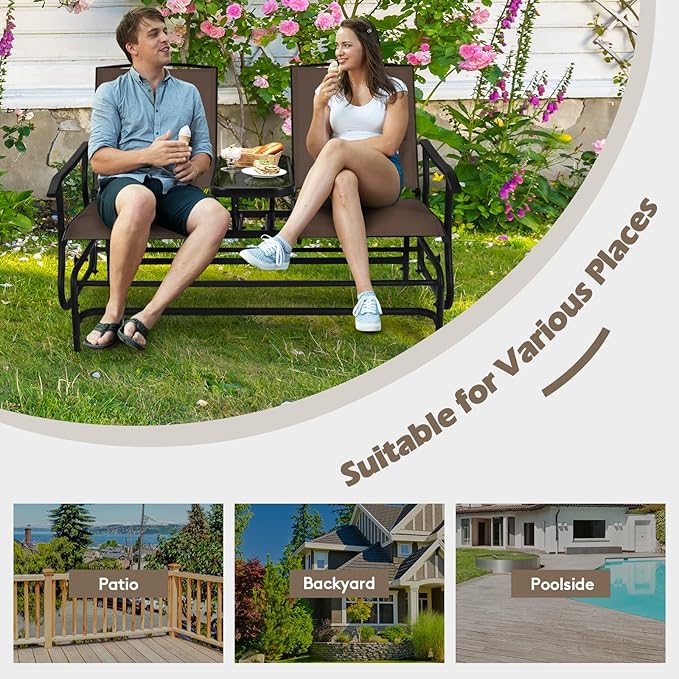 S AFSTAR 2-Person Outdoor Glider, Patio Glider Bench Chairs with Center Tempered Glass Table & Breathable Loveseat, Double Swing Glider Chair for Porch Garden Poolside Balcony Lawn (Brown)