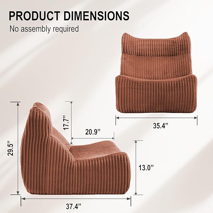 Bean Bag Chairs, Giant Bean Bag Chair for Adults, Memory Foam Lounge Chair, Comfy Lazy Floor Chair, Bean Bag Sofa for Living Room, Bedroom and Office, Single Bean Bag (Brown)