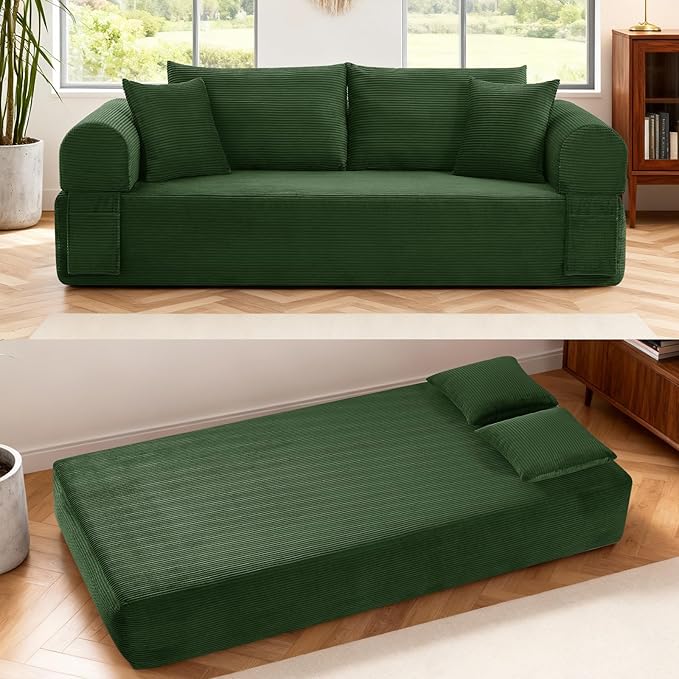 GJQ 83" Boneless Couch for Living Room,Corduroy 3 Seater Sofa in a Box with 4 Pillows & Storage Pocket,No Assembly Cloud Sofa Bed Oversized Floor Sofa,Green