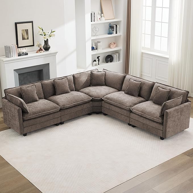 113'' V Shaped Cloud Sectional Sofa, Oversized Deep Seat Couches for Living Room, Chenille Comfy Upholstered Modular Sectional Sofa Couch, Brown