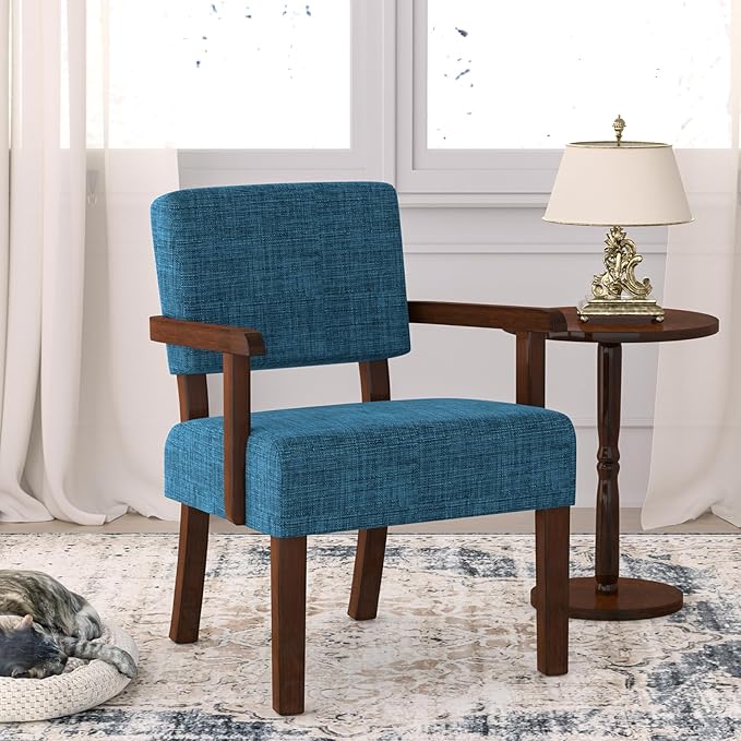 FAGAGA Accent Chair,Armchairs with Solid Wood Frame and Legs,Upholstered Reading Leisure Chair for Bedroom,Office,Waiting Room (Linen, Blue, One Chair)