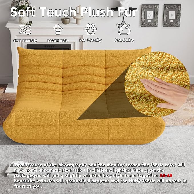 Bean Bag Chairs for Adults, BeanBag Reading Chair Memory Foam Couch, Floor Chair Soft Teddy Material, Comfy Reading Nook Chairs for Bedroom Living Room Office(Yellow)