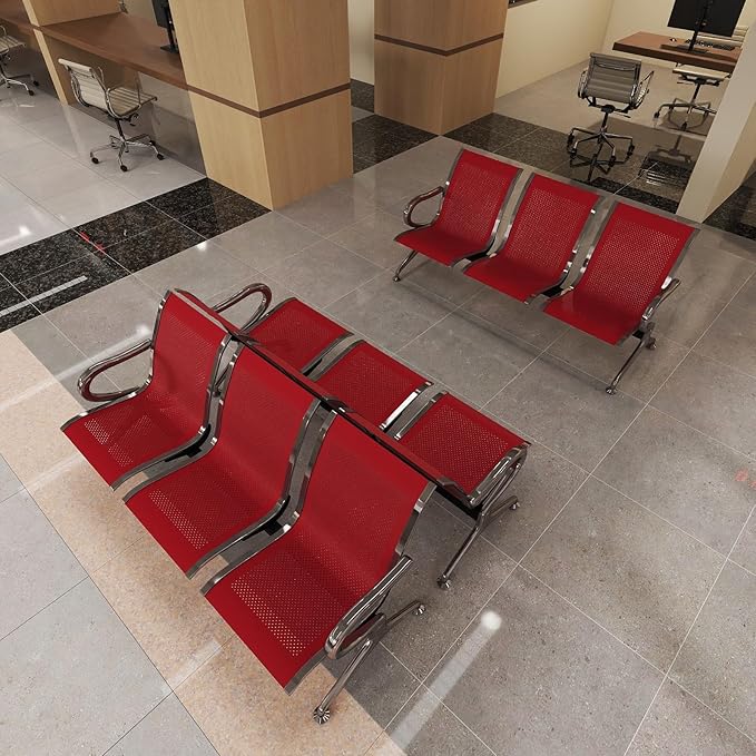 Kinfant 3-Seat Waiting Room Chair - Office Guest Reception Chairs with Ergonomic Backrests, Airport Waiting Bench with Armrests, Metal Waiting Furniture for Hospital, Bank (Dark Red, Set of 3)