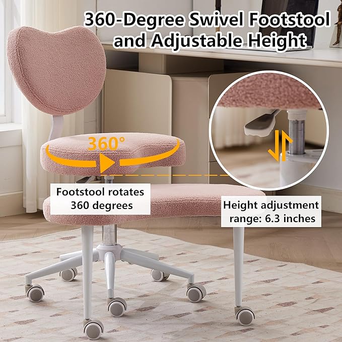 Meditation Chair with Lumbar Support,360° Swivel Cross Legged Chair with Wheels, Ergonomic Cross Legged Office Chair for Adults with ADHD, Height-Adjustable Yoga Chair, Teddy Fabric, Pink