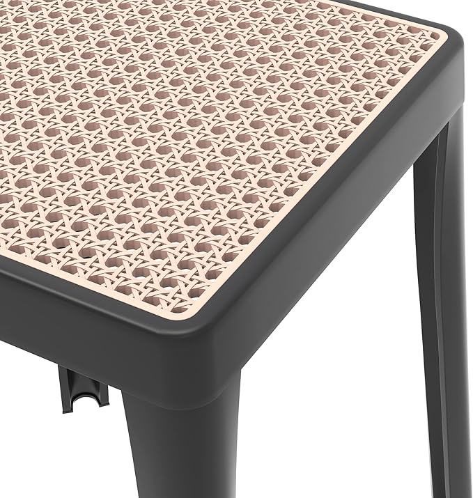 LeisureMod Stackable Square Plastic Dining Stool - Mid-Century Modern Backless Accent Stool with Wicker Top for Kitchen & Dining Room, Black