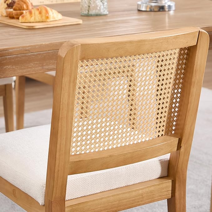Wahson Mid Century Modern Dining Chairs Set of 2, French Country Modern Style, Rectangle Cane Upholstered Kitchen Chairs with Natural Wooden Legs, White Chenille