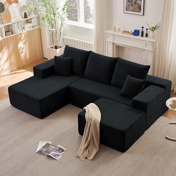 Lakifun 107" L-Shape Sofa with Ottoman, Modern Modular Sectional Comfy U-Shape Cloud Couch, Deep Seat, Upholstered Corduroy Sleeper Chaise Longue for Living Room Bedroom, No Assembly Required, Black