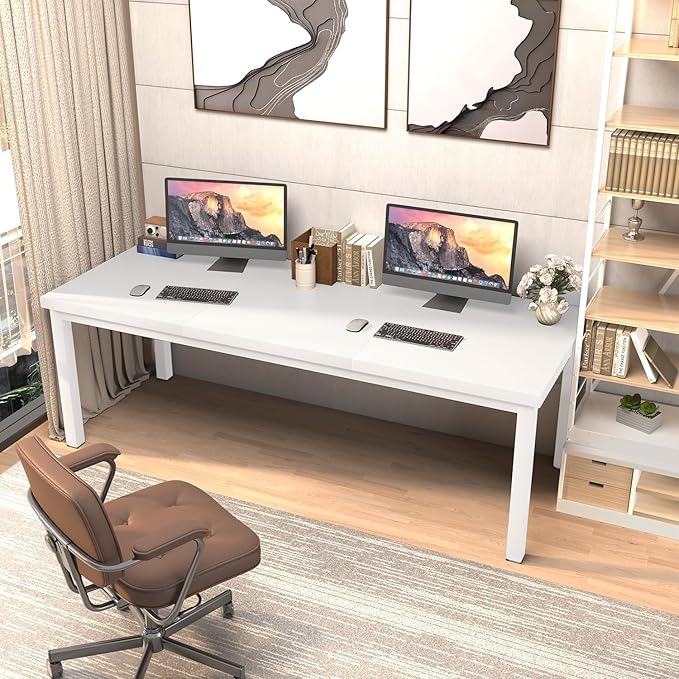 63 Inch Large Computer Desk, Modern Office Desk with Adjustable Feet, Gaming Desk with Deep Desktop, Study Writing Table for Home Office, Work from Home, White