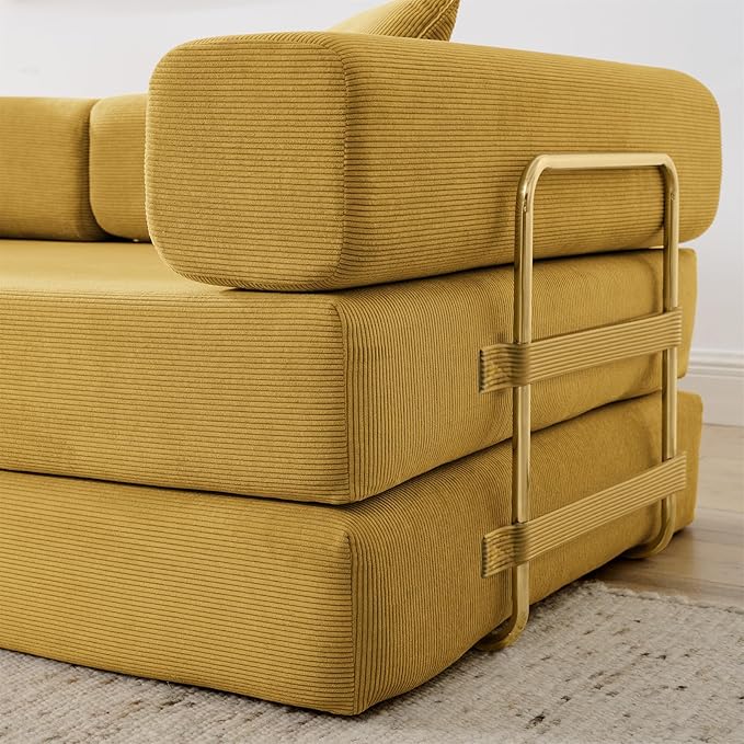 Antetek Convertible Futon Sofa Bed, 3-Seater Modern Corduroy Foam Floor King Size Bed Foldable Sleeper Lounge Loveseat Sofa Couch with 2 Throw Pillows for Living Room Bedroom Guest Room, Yellow