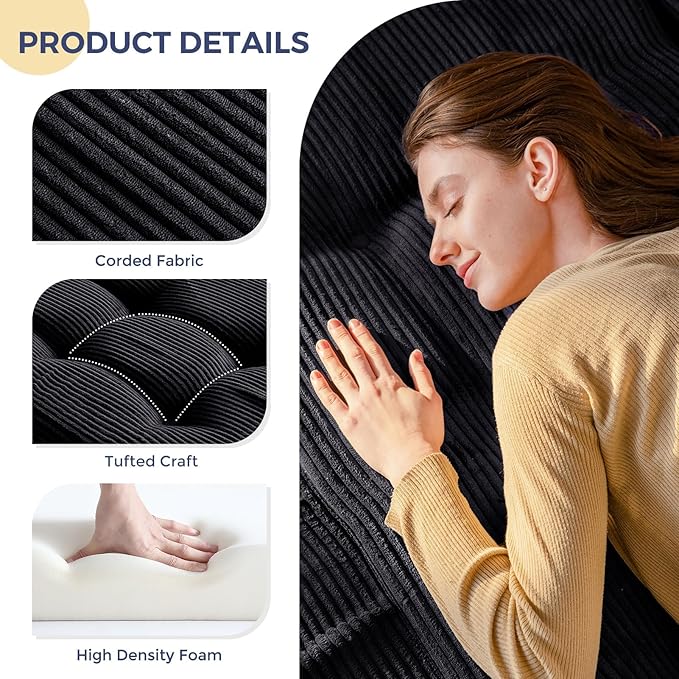 MAXYOYO Tri-Fold Mattress, 6 Inch Tufted Folding Futon Foam Bed, Foldable Floor Mattress Guest Bed Futon Topper Portable Camping Sleeping with Corded Fabric, Black, 59"x79"