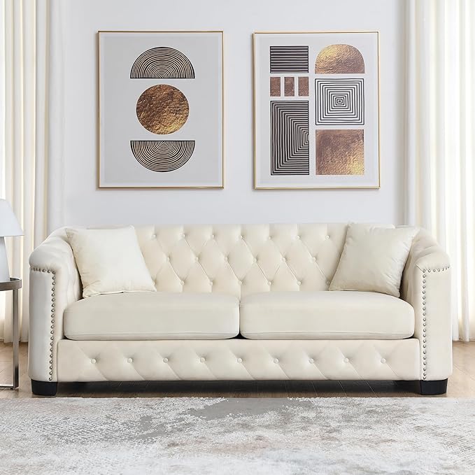 mikibama Luxury 2 Piece Chesterfield Velvet Sofa Set for Living Room, Modern Decor Furniture Sectional Sofa, 3 Seater & Loveseat Upholstered Tufted Couch for Apartment, Office, Hall(Beige)