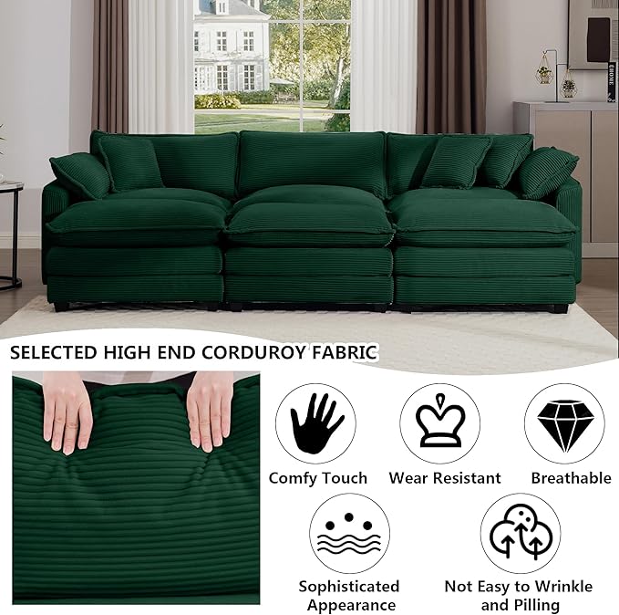 Aoowow Corduroy 3 Seater Sleeper Couch with Ottomans,Large Cloud Couches for Living Room,Oversized Modular Sectional Cloud Sofas Deep Seat,Tufted Chaise Lounge Sofa (Green, 3 Seater + 3 Ottoman)