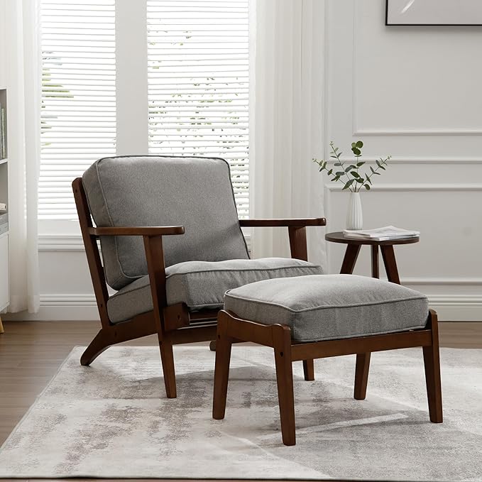 chairus Mid-Century Modern Accent Chair with Ottoman Linen Fabric Upholstered Living Room Chair for Bedroom Reading Room Lounge with Arm & Solid Wood Frame, Fabric Grey