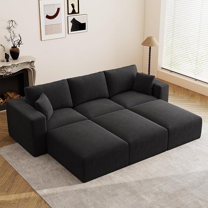 110" Modular Sectional Sofa, Cloud Couch Memory Foam Boneless Couch with Ottoman, Cozy 3 Seater Corduroy Floor Couch, No Assembly Required Living Room Furniture for Apartment, Black