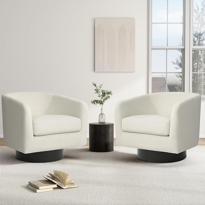 Swivel Barrel Chair, Modern Round PU Leather Accent Armchair for Living Room, Bedroom, Oversized Comfy Club Reading Chairs for Adults (Velvet Ivory, Set of 2)