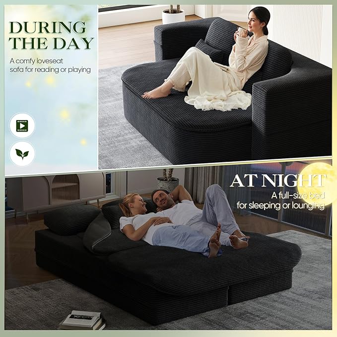 Antetek Convertible Sleeper Sofa, Modern Folding Futon Corduroy Floor Foam Compression Loveseat Sofa Bed Couch, Foldable Full Size Guest Bed with 4 Pillows for Living Room Bedroom Apartment, Black
